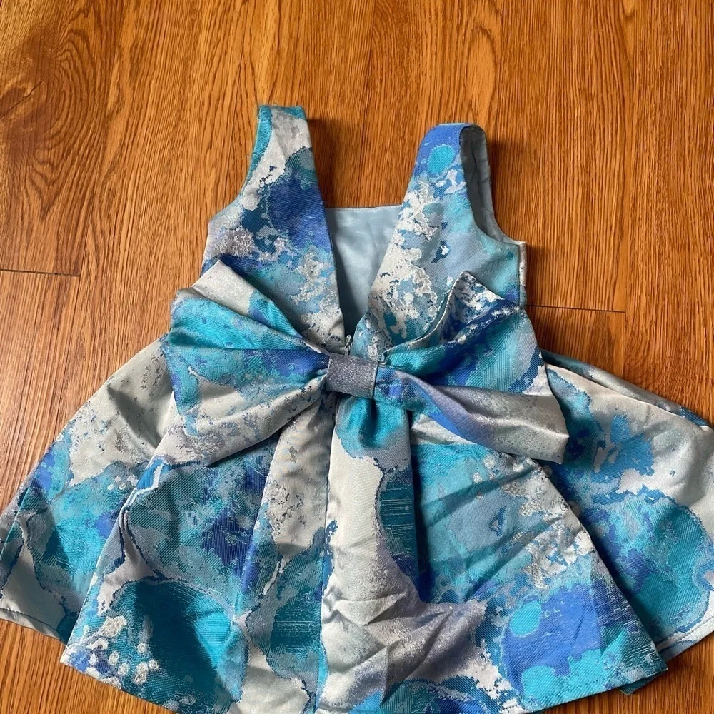 Halabaloo blue watercolor print dress back bow